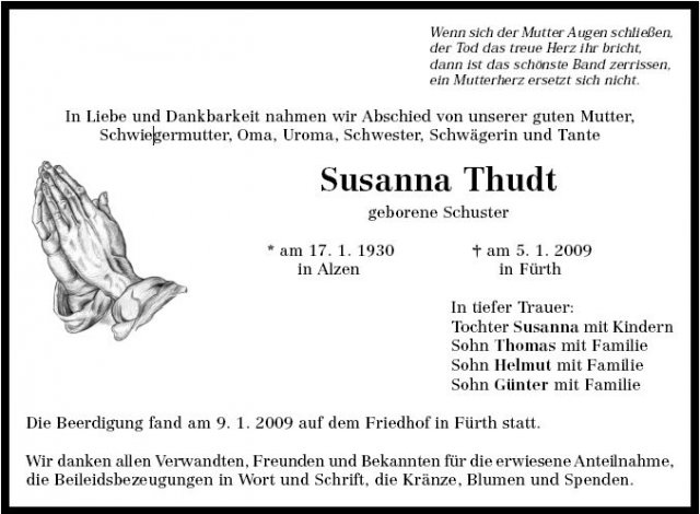 Schuster Susanna 1930-2009 Todesanzeige